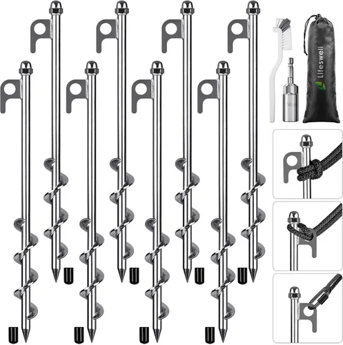 Miniatura 12 de Paquete de 4 estacas para tienda, anclajes de tierra resistentes de 16 pulgadas, soldadura completa, fáciles de atornillar y reutilizables, para E.
