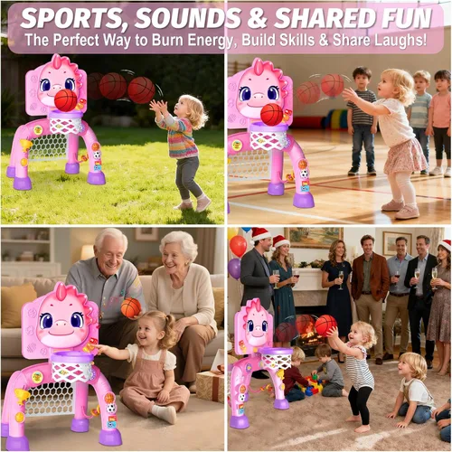 Miniatura 6 de Zerhunt Regalo para niños de 1 a 2 años: centro de actividades de juguetes de dinosaurio con música/iluminado, juego deportivo, aro de baloncesto