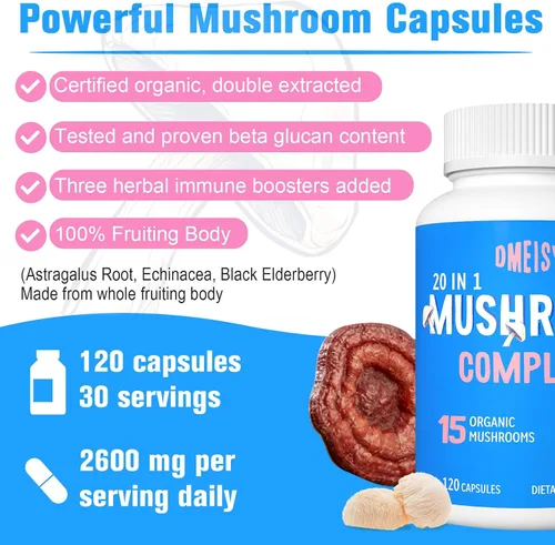 Miniatura 6 de Suplemento de hongos de 2600 mg, complejo de hongos 20 en 1, con melena de león, cordyceps, reishi, cola de pavo, Chaga - Suplementos cerebrales