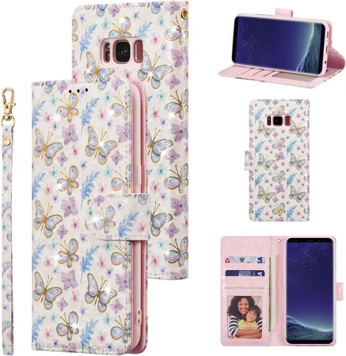 UEEBAI Funda tipo cartera para Samsung Galaxy S8, funda de piel sintética para teléfono, función atril, bloqueo RFID, ranuras para tarjetas, correa