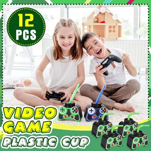 Miniatura 5 de Mifoci Vasos de plástico para fiestas de videojuegos, 12 unidades, con pajita y tapa, 10 onzas, tazas temáticas de cumpleaños para jugadores 7º