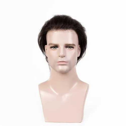 Miniatura 3 de Amiable Toupee para hombres, postizos para hombre, sistema de reemplazo de cabello humano con un solo nudo de 0.002 in, piel fina, color negro