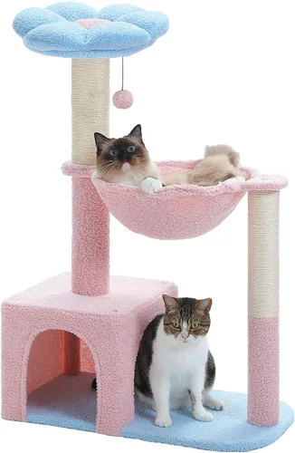 Miniatura 15 de MUTTROS Árbol para gatos con flores con postes rascadores de sisal, linda torre para gatos de 35" con hamaca verde grande para gatos pequeños
