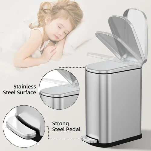 Miniatura 4 de KUK Cubo de basura delgado para baño con tapa, 2.6 galones (10 L) cubo de basura pequeño de acero inoxidable con pedal y cubo interior extraíble