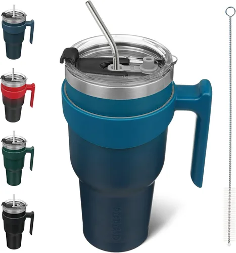 Miniatura 64 de BJPKPK Vaso con asa de acero inoxidable de 20 onzas, con aislamiento de doble pared, con tapa y pajita, color rosa claro A-rosa claro