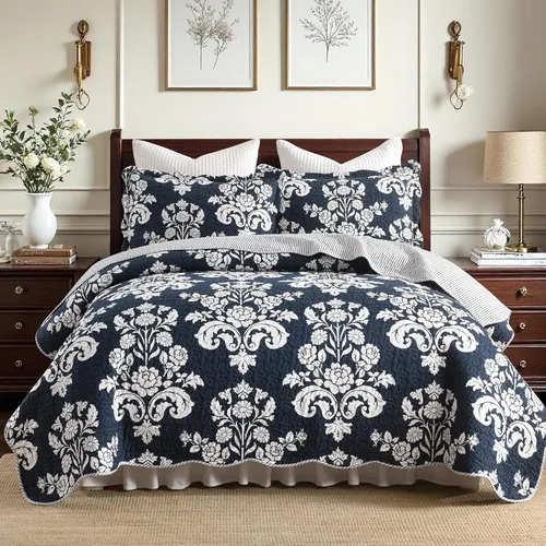 Miniatura 10 de Juego de edredón 100% algodón tamaño Queen de 3 piezas, edredón floral de damasco con 2 fundas, colcha acolchada floral vintage, ropa de cama ligera