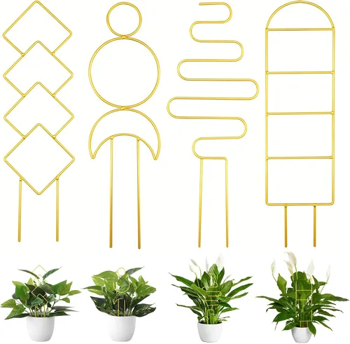 4 piezas de mini enrejado de metal para plantas en maceta, estaca de apoyo de escalada para plantas de interior Pothos (dorado)