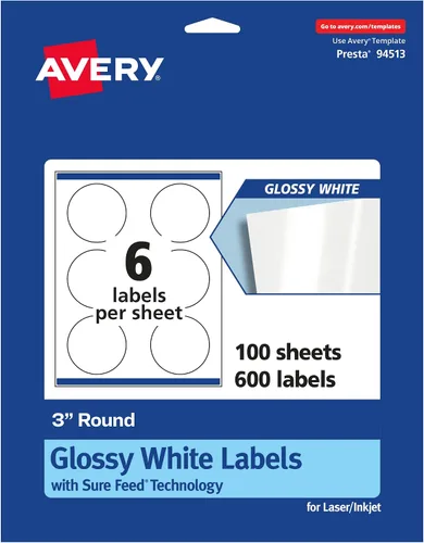 Miniatura 8 de Avery Etiquetas redondas, tecnología de alimentación segura, 3.0 in de diámetro, 30 etiquetas blancas brillantes (36499)