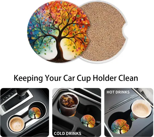 Miniatura 5 de Portavasos para automóvil, árbol de la vida con hojas, posavasos de cerámica antideslizante con agarre para la punta del dedo, accesorios interiores