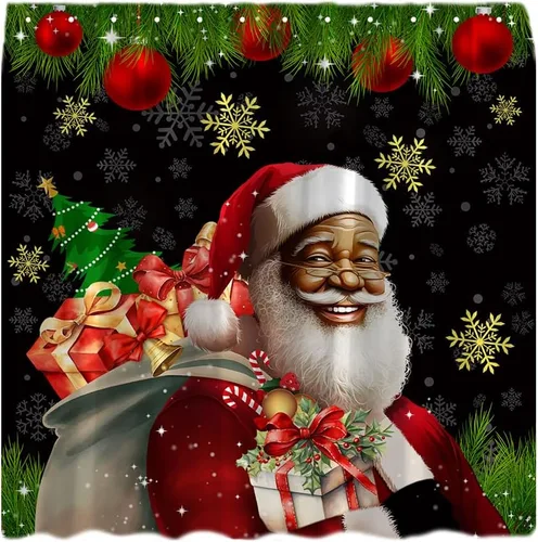Cortina de ducha afroamericana de Papá Noel negro retro amable anciano feliz Navidad bola regalo copos de nieve invierno feliz año nuevo cortina de