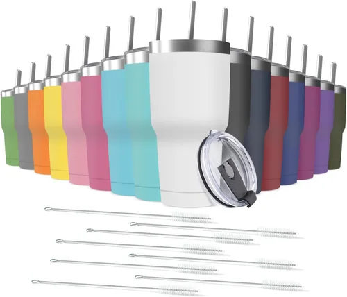 Miniatura 10 de Taza de viaje de acero inoxidable de 30 onzas con tapa, paquete de 6 vasos de doble pared aislados al vacío a granel con 6 pajitas, taza de café