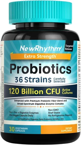 Miniatura 10 de NewRhythm Probióticos 120 mil millones de UFC, 36 cepas, probióticos 3 en 1 para la salud digestiva y apoyo inmunológico con prebióticos y enzimas