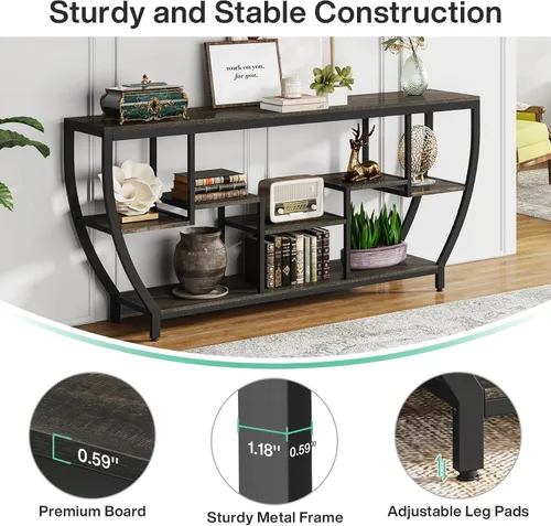 Miniatura 6 de Tribesigns Mesa de sofá de 70.9 pulgadas de largo con estantes, mesa consola rústica con almacenamiento, mesa de entrada industrial, soporte de TV