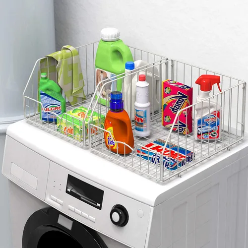 Miniatura 3 de Simple Houseware Paquete de 2 cestas apilables de alambre de rejilla, color blanco, 13 pulgadas