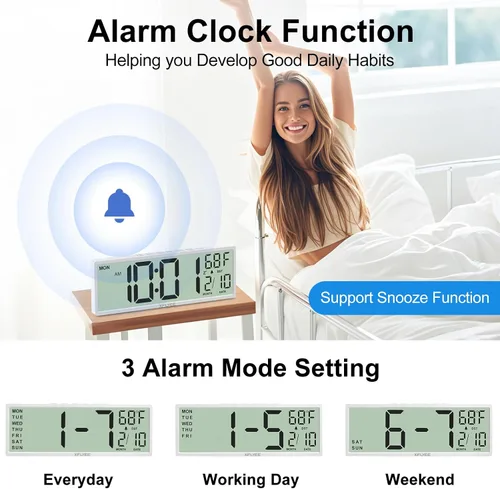 Miniatura 4 de Reloj de pared digital grande de 14.5 pulgadas, funciona con pilas con números gigantes, DST automático, día, fecha, alarma, temperatura para sala