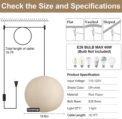 Miniatura 2 de Lámpara colgante de papel con enchufe, lámpara colgante de papel de arroz blanco roto de 20 pulgadas con cable de 19.7 pies de globo grande japonés
