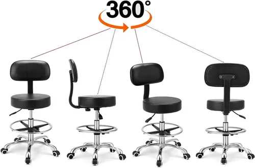 Miniatura 3 de Kaleurrier Taburete giratorio con ruedas y soporte para espalda (color negro con reposapiés)