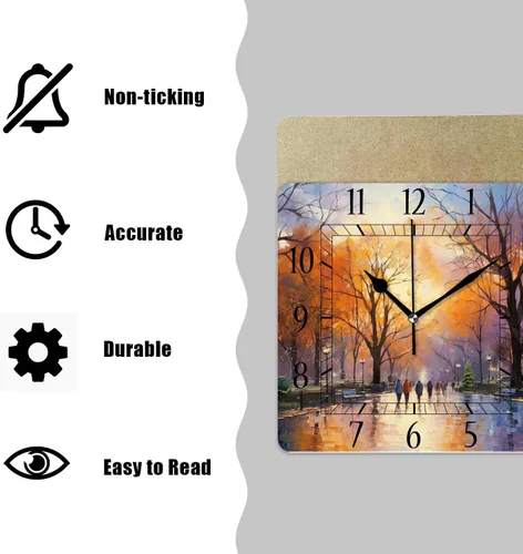 Miniatura 5 de Reloj de pared decorativo de 10 pulgadas, silencioso, cuadrado, para el hogar, sala de estar, cocina, bosque de otoño, hojas rojas brillantes, cielo