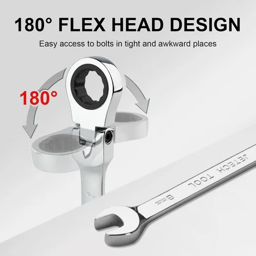 Miniatura 5 de Jetech Llave de trinquete de cabezal flexible de 8 mm, acero Cr-V de grado industrial, 12 puntos, diseño desviado de la esquina, trinquete de 72