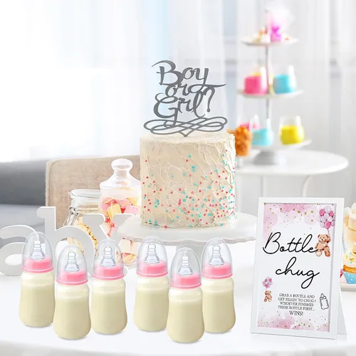 Miniatura 7 de Roowest Bottle Chug Baby Shower Games Favores que incluyen 18 botellas con 1 botella de chug de madera para revelación de género, suministros de Rosa