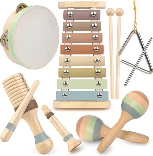 Miniatura 20 de Stoie's Instrumentos musicales de madera para niños pequeños con tambor, flauta, campanas de mano, platillos, castañuelas, triángulo, para bebés
