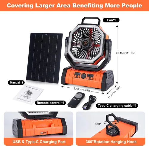 Miniatura 2 de Ventilador solar de campamento de 20000 mAh con panel solar de 10 W, banco de energía solar recargable para exteriores, linterna LED, tienda