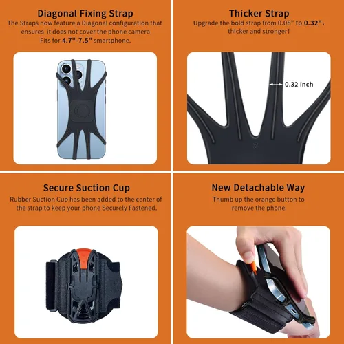 Miniatura 5 de Brazalete soporte para teléfono con rotación de 360° y desmontable, compatible con iPhone 15/14/13/12/Pro/Pro, etc., para Samsung y más, se adapta a