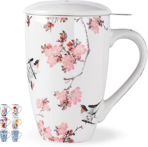 Miniatura 9 de AmorArc Taza de té de porcelana de 18 onzas con infusor y tapa, taza de té de hojas sueltas con colador de acero inoxidable, taza de café grande