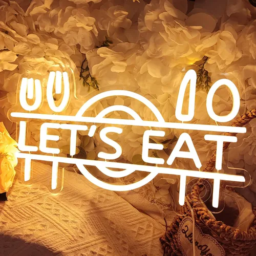 Miniatura 6 de SYLHOME Letrero de luz LED de neón con texto en inglés "Let's Eat", tenedor, cuchillo, cuchara, plato, plato para restaurante de alimentos, cocina