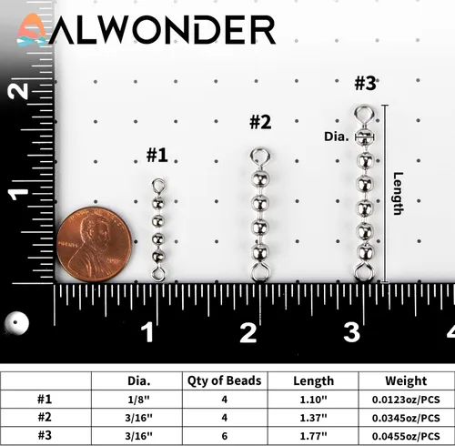 Miniatura 2 de Alwonder Paquete de 50 cadenas giratorias de cuentas de pesca, bolas de pesca de acero inoxidable para bagre, equipo de pesca de gato