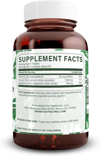 Miniatura 2 de Natural Nutra Cal-Mag 1000/500 mg Citrato con vitamina D3, fortalece la densidad ósea, la salud muscular y nerviosa, fuentes altamente