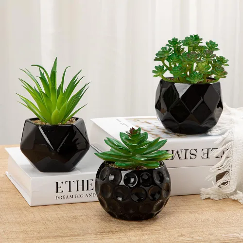 Miniatura 3 de Briful Plantas suculentas artificiales en macetas de cerámica, juego de 3 suculentas artificiales con macetas geométricas negras, decoración moderna