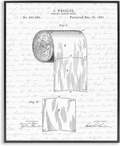 Stupell Industries Rollo de papel higiénico vintage patentado, arte giclée enmarcado, negro, 11 x 14 pulgadas, fácil de colgar y resistente,