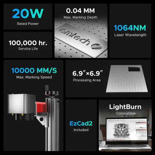 Miniatura 2 de OMTech Máquina de marcado láser de fibra MOPA de 30W con LightBurn y eje giratorio, grabador láser de fibra con área de trabajo de 7 "x 7