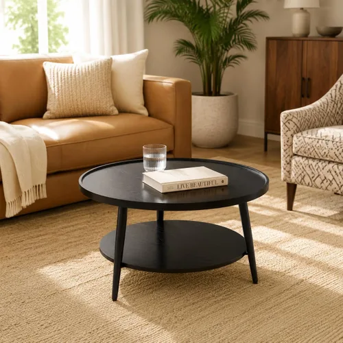 Saint Mossi - Mesa de café moderna para sala de estar, mesa de café redonda de mediados de siglo, mesa central de 2 niveles para espacios pequeños,