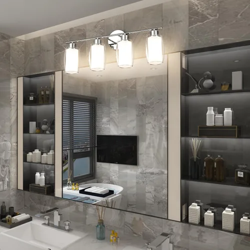 Miniatura 5 de Aipsun Lámpara de baño con 4 luces, luces cromadas arriba y abajo, modernas luces de bahthroom con vidrio transparente y vidrio esmerilado, luces