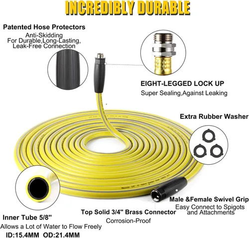 Miniatura 2 de Manguera de jardín de 25 pies, manguera de agua resistente con boquilla de pulverización de 9 vías y 4 capas flexibles híbridas de latón chapado