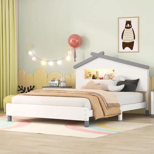 Miniatura 17 de Quarte Cama de plataforma de madera de tamaño matrimonial para niños con cabecera en forma de casa y luces nocturnas activadas por movimiento,