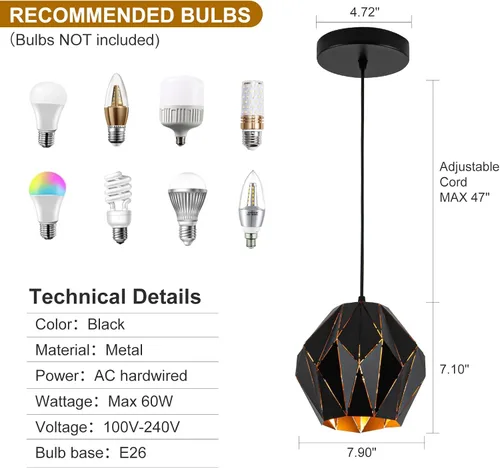 Miniatura 5 de Lámpara colgante industrial vintage negra de 7.9 pulgadas Geometric Diamond Ceiling Hanging Light Fixture, Metal E26 Pendant Lamp for Kitchen