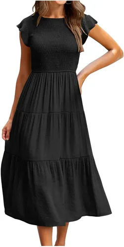 Ceboyel Vestido de manga corta con vuelo para mujer, vestido midi casual con escalones, vestido de verano fruncido a la moda, trajes de mujer 2023