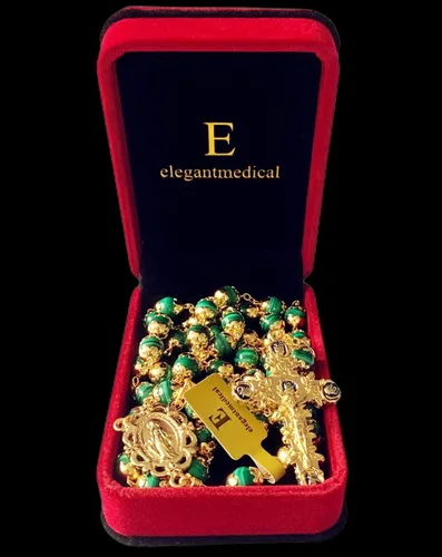 Miniatura 2 de elegantmedical Hecho a mano, chapado en oro de 18 quilates, sin duda, rosario de malaquita, collar de cuentas de oración, regalo católico y caja