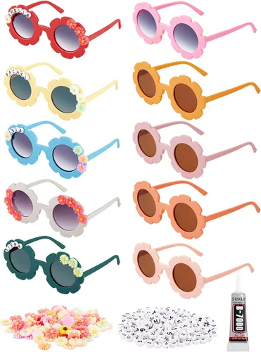 10 pares de lentes de sol redondos con flores para niños, para exteriores, con 50 margaritas, 100 cuentas de letras al azar (color elegante)