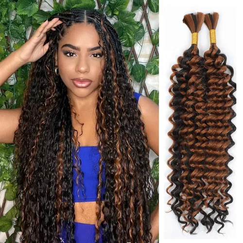 Miniatura 12 de Mezcla de cabello humano trenzado sintético bohemio para trenzar, 16 pulgadas de onda profunda a granel para trenzas bohemias, 2 piezas de cabello 1b