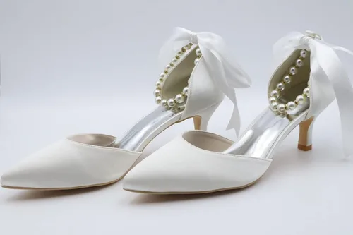Miniatura 8 de Pointed Toe Pearl Satin Wedding Shoes for Bride Low Heel Bridal Shoes for Women Satin Heels Prom Party Shoes 1608-28