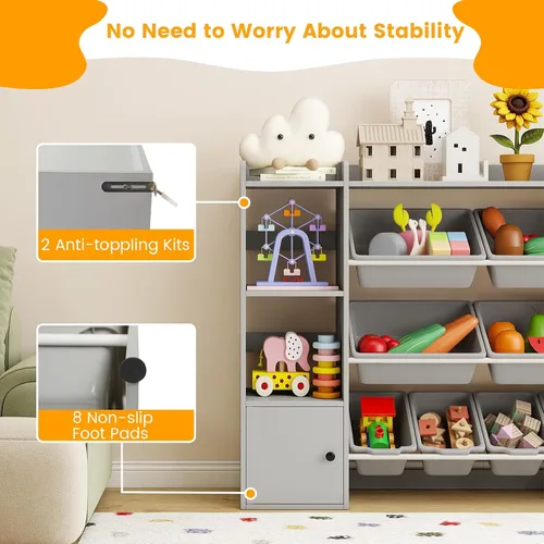 Miniatura 5 de HONEY JOY Organizador de almacenamiento de juguetes para niños, armario de madera de 44 pulgadas de largo con 8 contenedores extraíbles, estantes