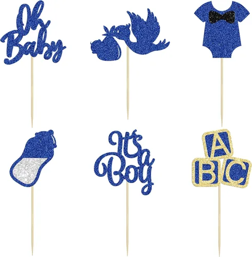 Miniatura 3 de 24 piezas de decoración para cupcakes de baby shower Oh Baby con moño, botella para niño, azul profundo, purpurina para pasteles, decoraciones