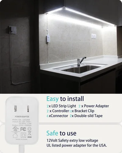 Miniatura 5 de DGD Luces para debajo del gabinete, tira de luces LED con sensor de movimiento enchufable para interiores con adaptador aprobado por UL FCC, Blanco