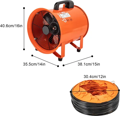Miniatura 8 de Ventilador de escape utilitario, 12 pulgadas, 520 W 2295 CFM, ventilador portátil de alta velocidad, bajo ruido con manguera de conducto de 16 pies