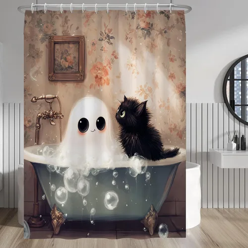 Miniatura 126 de Cortina de ducha de fantasma y gato negro para niños, 36 x 72 pulgadas, espeluznante y bonita, cortina de baño de Halloween con 6 ganchos, cortina