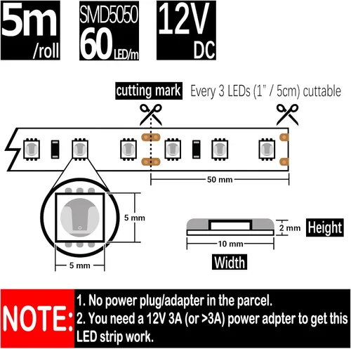Miniatura 2 de Tira de luces LED impermeable verde, 16 pies/5 m SMD5050 300 LEDs DC12V cinta LED flexible y cortable (sin adaptador/enchufe de 12V)